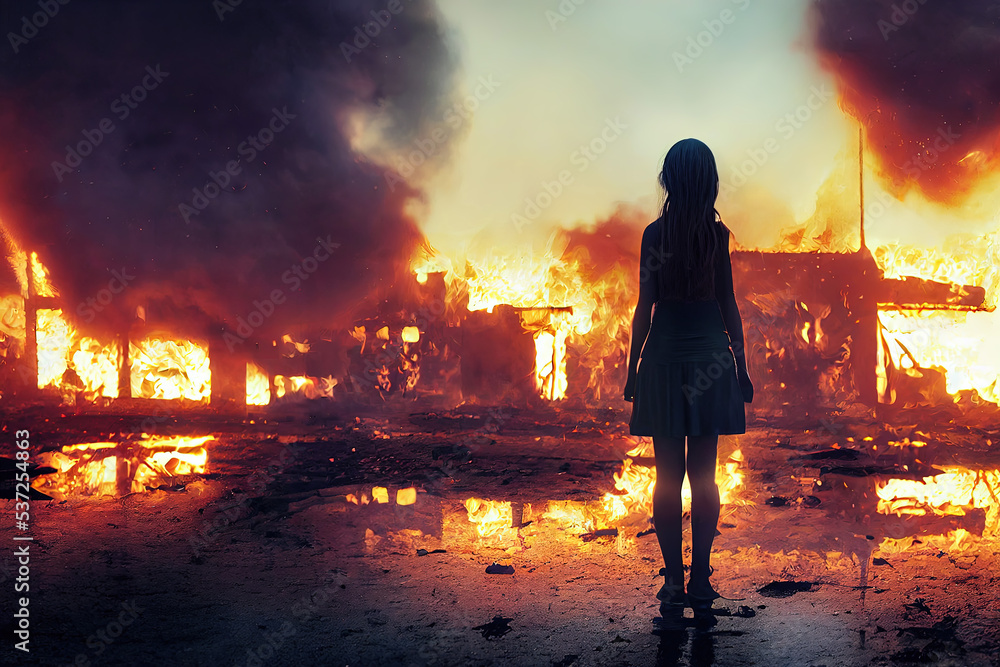 Fototapeta premium Abandoned Destroyed Cities and Rusty buildings Burned in Fires War Concepts Revelation Burning City Abstract Vision. Realistic Illustration Game Background Digital Painting CG Artwork Scenery Artwork