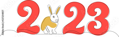 2023 year with rabbit one continuous line drawing, isolated vector
