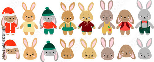 rabbits collection, hares set cartoon on white background, isolated vector
