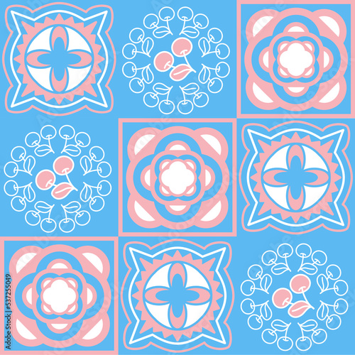 Fototapeta Naklejka Na Ścianę i Meble -  TalaVera de Puebla ceramic tile pastel pink blue white color, beautiful ornate pattern for wall decoration