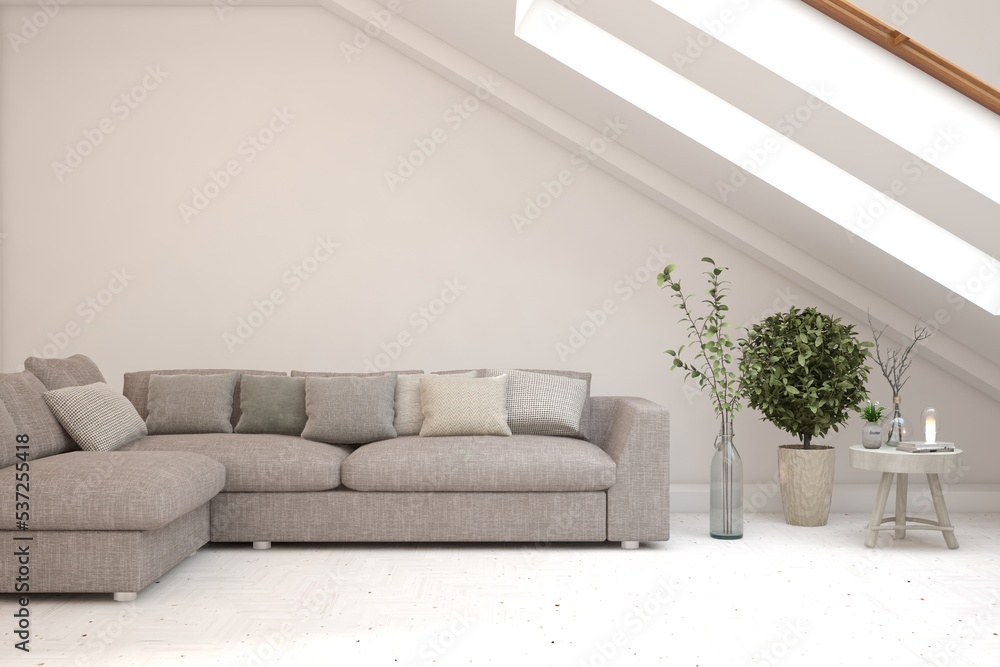 Fototapeta premium White living room with sofa. Scandinavian interior design. 3D illustration
