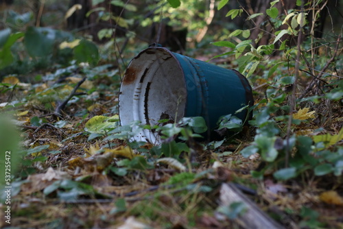 photo of a green bucket on the grass in the woods