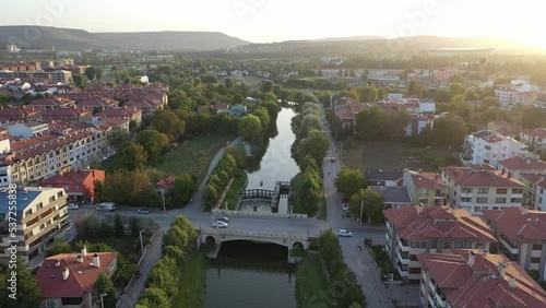 Aerial view of Eskişehir and river ff Porsuk. 4K UHD aerial video. photo