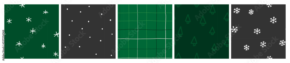 Dark Christmas seamless pattern set. Green and black background collection with gingham, spot and snowflake graphic. Scandi, minimal vector design for fabric or wrapping. Dark Christmas seamless pattern set. Green and black background collection with gingham, spot and snowflake graphic. Scandi, minimal vector design for fabric or wrapping.