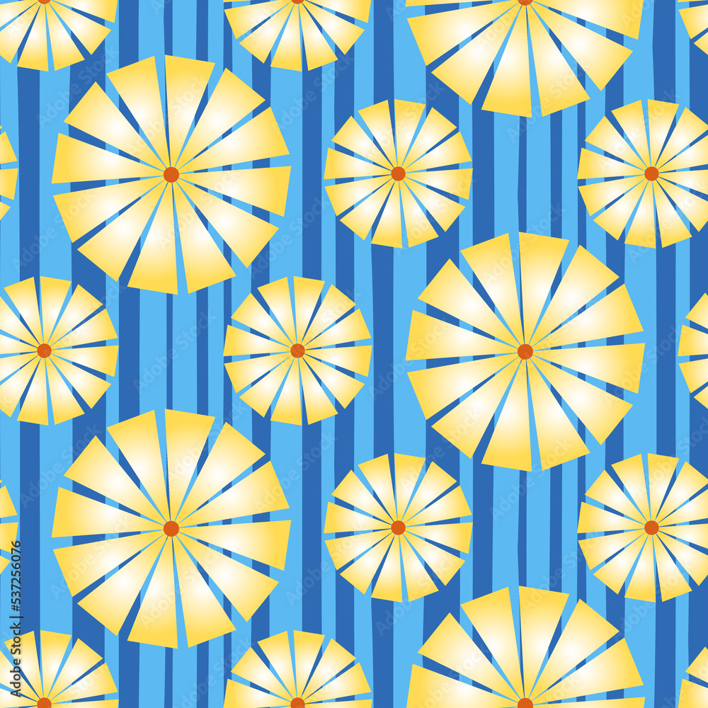 Blue yellow seamless pattern, gradient petal chamomile daisy flower blossom, vector illustration background
