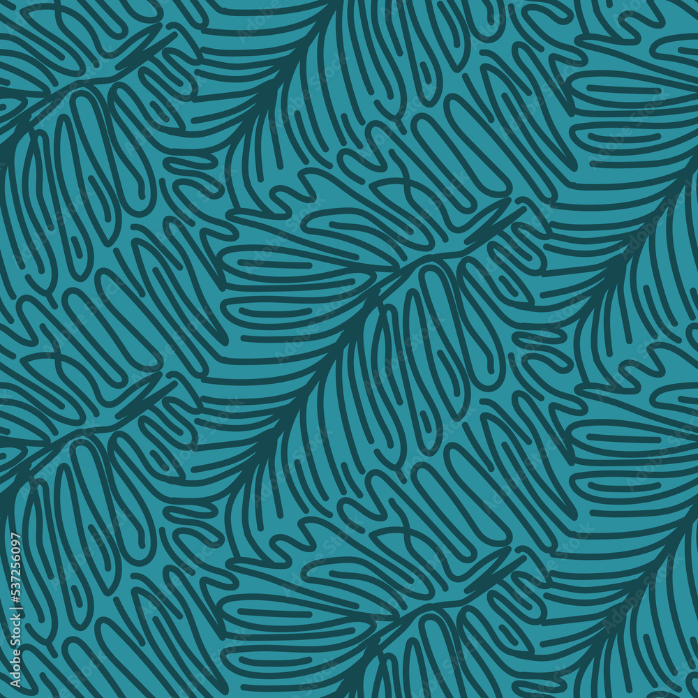 Emerald seamless pattern with hand drawn abstract tropical plant