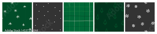 Dark Christmas seamless pattern set. Green and black background collection with gingham, spot and snowflake graphic. Scandi, minimal vector design for fabric or wrapping.