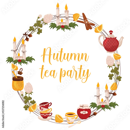 Autumn wreath with elements for tea party, Christmas candles, honey and lemon with space for text. Vector illustration isolated white background.