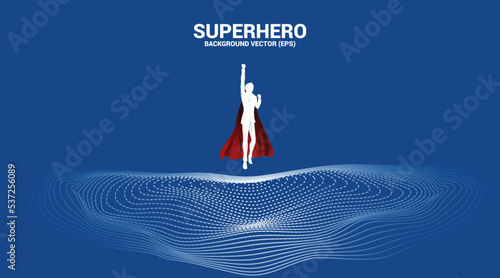 Vector Silhouette of businessman flying from Digital Contour curve dot and line and wave with wireframe . Concept for metaverse and VR technology .