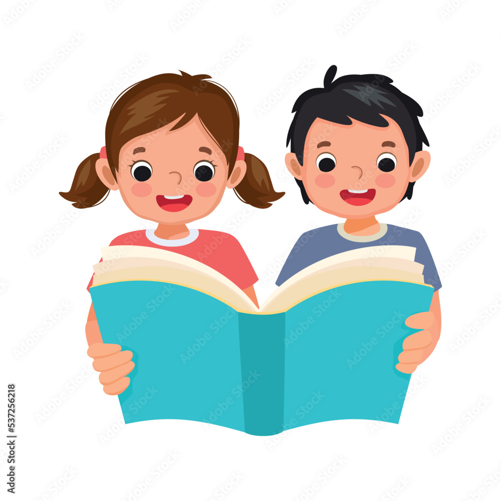 Cute little kids boy and girl holding big book reading together Cute little kids boy and girl holding big book reading together