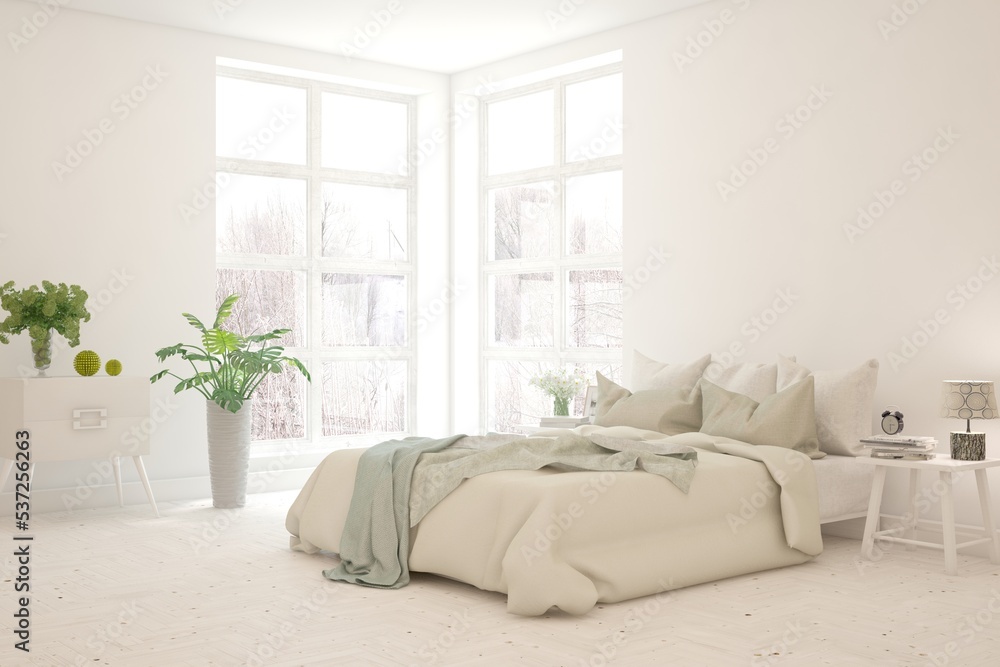Fototapeta premium White bedroom interior. Scandinavian design. 3D illustration