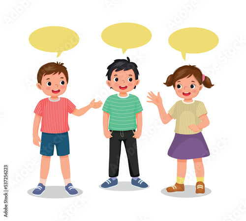 happy group cute kids little girl boys talking each other with speech bubble