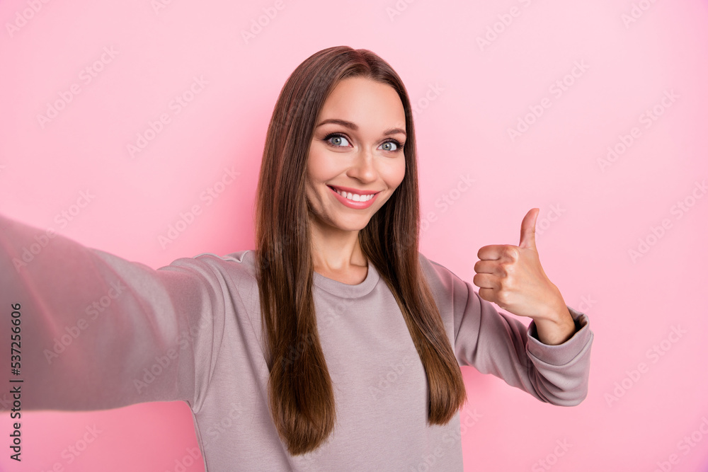 Photo of cheerful cute lady take picture satisfied good service low price shopping empty space isolated on pink color background Photo of cheerful cute lady take picture satisfied good service low price shopping empty space isolated on pink color background