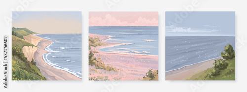Set of hand drawn vector landscape background. Beautiful illustration of summer beach, field and hills. Summer holidays square card or banner design template