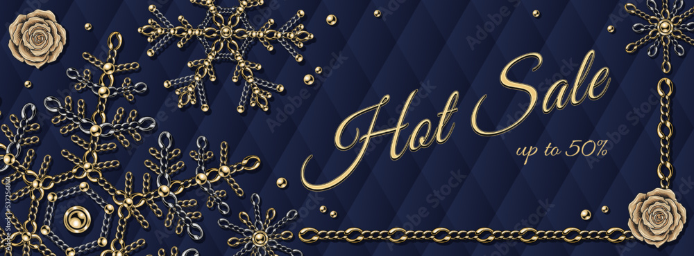 Horizontal jewelry banner with fancy snowflakes made of gold and silver chains, shiny ball beads. Blue classic rhombic grid on a background. Elegant jewelry illustration in detailed vintage style