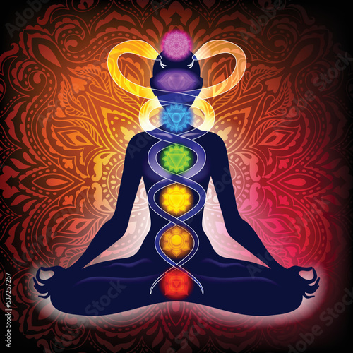 Meditating woman in lotus pose. Kundalini yoga illustration.