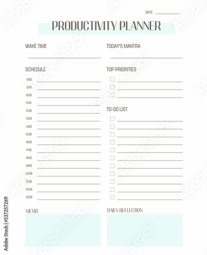 productivity planner template. Simple printable to do list. Business organizer page. Paper sheet.