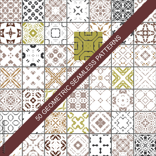 Collection of 50 colourful seamless vector patterns. Elegant color oriental backgrounds. Creative tile mosaic design. Big set of prints.