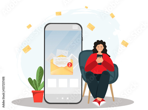 Happy young woman sending or receiving e-mail with smartphone, e-mail service, e-mail marketing, communication concept, flat vector illustration