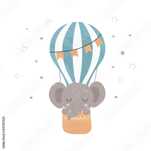 Cute little elephant on a balloon. Children's illustration for posters, fabric prints and children's cards on a white background. Vector