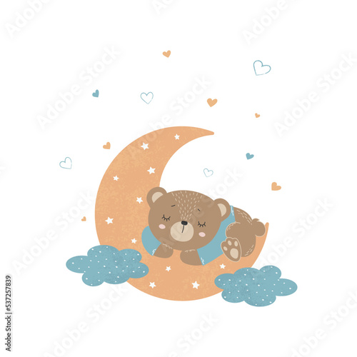 Cute little bear sleeping on the moon. Children's illustration for posters, fabric prints and children's cards on white background. Vector