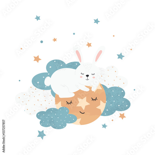 Cute little hare sleeping on a planet in the middle of the night sky. Children's illustration for posters, fabric prints and children's cards on white background. Vector