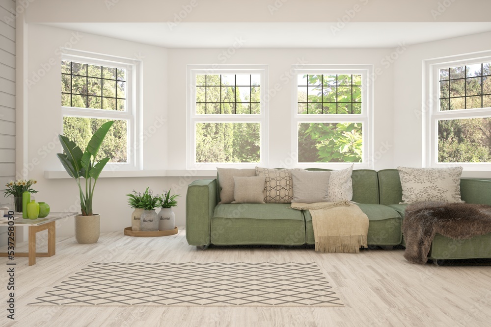 Fototapeta premium White living room with sofa and summer landscape in window. Scandinavian interior design. 3D illustration