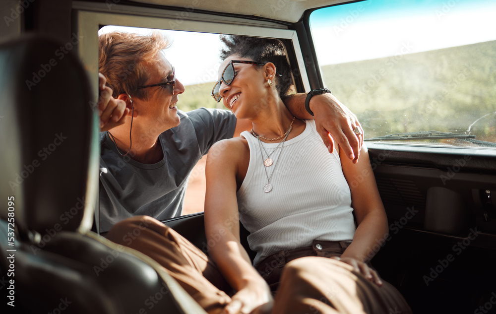 Travel, happy and road trip love of a couple together ready for a car summer holiday trip. Happiness and smile of a boyfriend and girlfriend relax on a motor transportation drive break in the sun Travel, happy and road trip love of a couple together ready for a car summer holiday trip. Happiness and smile of a boyfriend and girlfriend relax on a motor transportation drive break in the sun