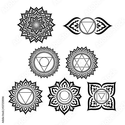 Black and white decorative chakras symbols icons set.