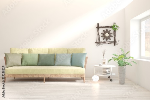 White living room with sofa. Scandinavian interior design. 3D illustration