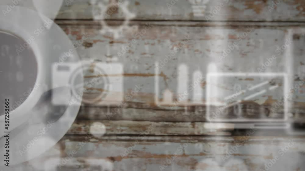 Animation of icons and data processing over coffee on wooden surface Animation of icons and data processing over coffee on wooden surface