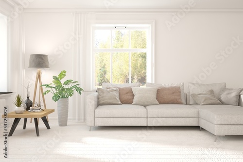 Inteior concept in white color with sofa and autumn landscape in window. Scandinavian interior design. 3D illustration