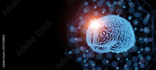 Fototapeta Naklejka Na Ścianę i Meble -  3D Rendering of hologram human brain inside abstract computer circuit system.  Concept for Artificial Intelligence, neurons, high technology, Deep machine learning, Big data background