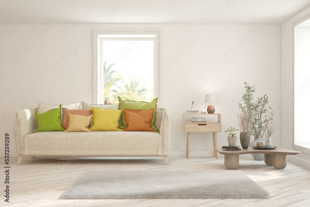 Fototapeta premium White living room with sofa and summer landscape in window. Scandinavian interior design. 3D illustration