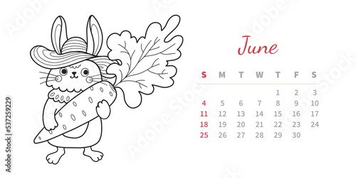 June 2023 horizontal calendar page with cute outline bunny. Rabbit farmer in straw hat, holding big carrot vegetable. Chinese new year symbol. Coloring book vector illustration.