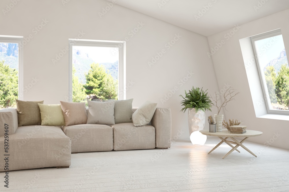 Fototapeta premium White living room with sofa and summer landscape in window. Scandinavian interior design. 3D illustration
