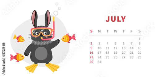 Calendar horizontal template for july 2023. Year of chinese black water rabbit. Cute cartoon bunny character with scuba and fish. Vector illustration.