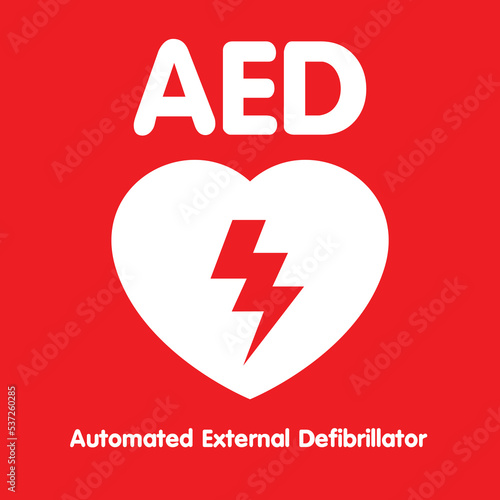 AED,automated external defibrillator / aed sign with heart and electricity symbol flat vector icon	