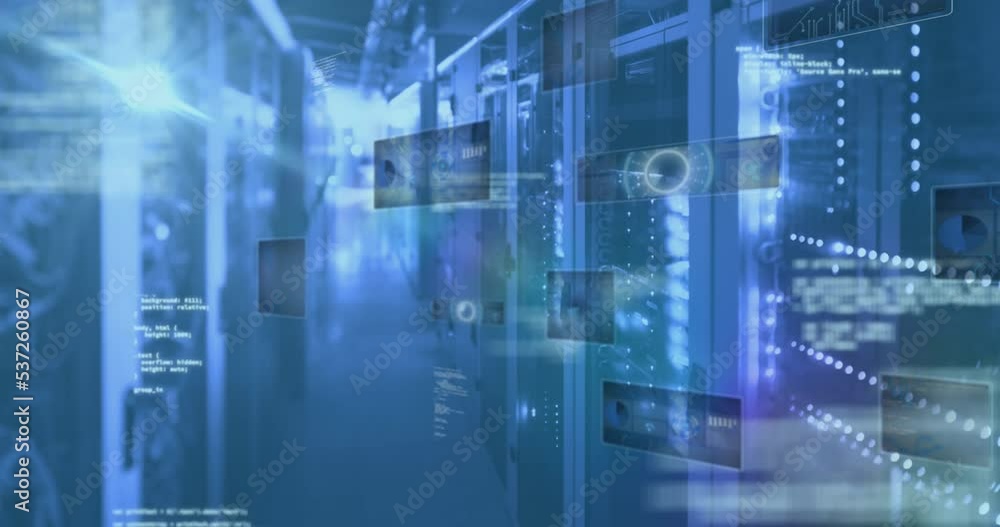 Animation of digital interface and data processing on screens over server room Animation of digital interface and data processing on screens over server room