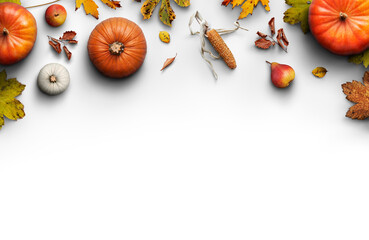 A Thanksgiving autumn harvest background of pumpkins, pears, leaves and corncobs isolated against transparent background.