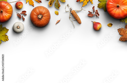 Obraz na płótnie A Thanksgiving autumn harvest background of pumpkins, pears, leaves and corncobs isolated against transparent background. w salonie