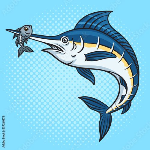 marlin swordfish with fish impaled on the nose pinup pop art retro vector illustration. Comic book style imitation.