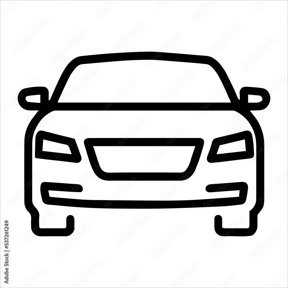Obraz premium Pictogram of car. Vector icon of vehicle. Outline stroke of transport sign. Automobile thin linear element. Logo silhouette of minimal car. Transportation button. Isolated on white background.