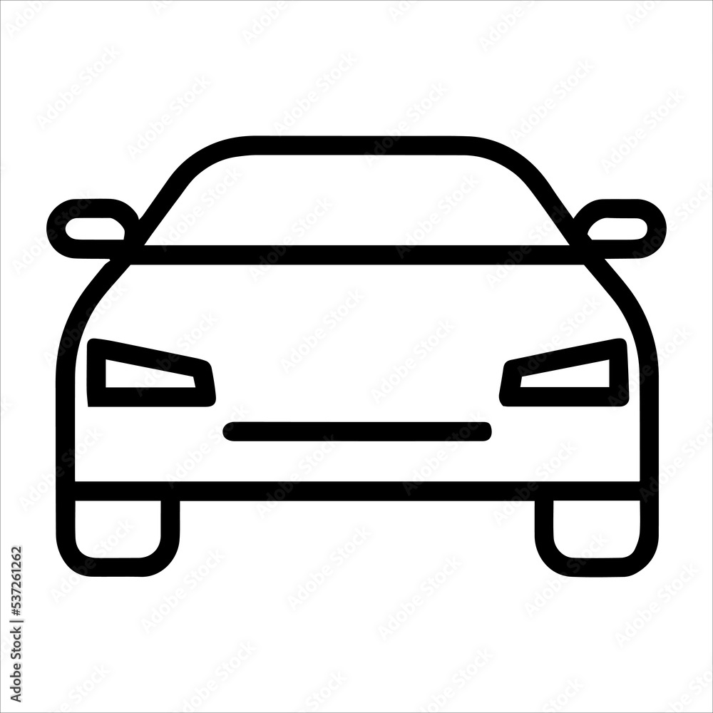 Pictogram of car. Vector icon of vehicle. Outline stroke of transport sign. Automobile thin linear element. Logo silhouette of minimal car. Transportation button. Isolated on white background.