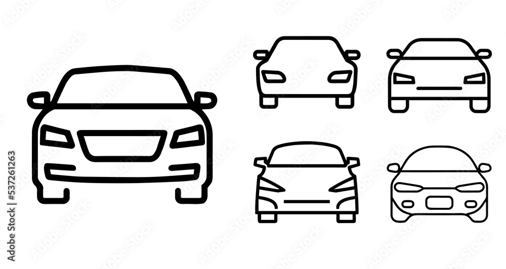 Set of car. Pictogram vector icon of vehicle. Outline stroke of transport sign. Automobile thin linear element. Logo silhouette of minimal car. Transportation button. Isolated on white background.