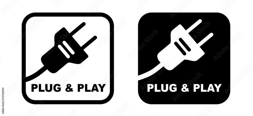 Vecteur Stock Plug & play sign. Cartoon electric plug. socket, electricity,  power logo or symbol. Power plugs and cable signs. Socket plug adapter.  Wire, cable of energy icon. Hardware facility information icon