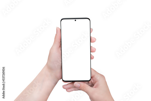 Isolated phone in woman hands PNG transparent. Smart object display for mockup, app or web page design presentation