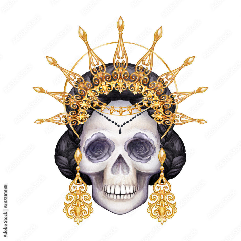 Human female skull with black hair, gold crown and earrings. Magical ...