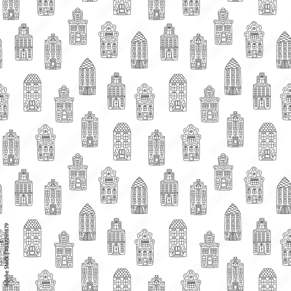 Seamless pattern with doodle style houses. Vector illustration in black ...