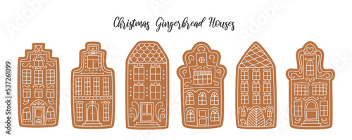 Gingerbread houses collection. Set of vector hand drawn Christmas cookies. Holiday sweet food decoration